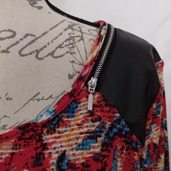 Rafaella |  Black Leather Red Multi Print Top | Size L - Picture 3 of 8